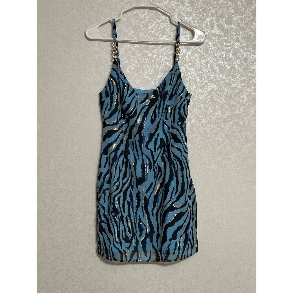 Superdown NWT Savannah Mini Dress Black & Blue Animal Print Gold Accents Lined S